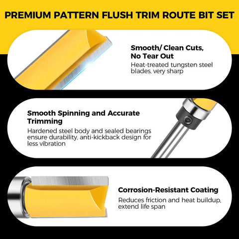 4 Piece Flush Trim Router Bit Set With One Quarter Inch Shank Bearing For Tear Out Prevention close-up of tungsten steel blades
