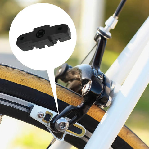 Two Pairs Bicycle Brake Pads Replacement For HS11 HS22 HS24 HS33, brake pad close-up on bike showing installation