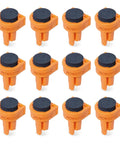 Twelve Bench Dogs For Three Quarter Inch Holes With EVA Insert Non Marring Workbench Stops For Woodworking MFT Table Portable Workbench And DIY Projects Pro Grade For DIYers And Pros In The Shop, shown in orange and black with nylon components.