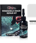 Windshield Crack Repair Kit For Cars, Easy Fix Liquid Resin Filler displayed with bottle, blade, and curing films.