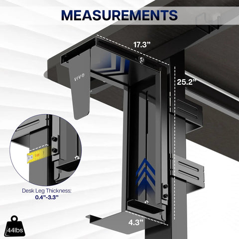 Hella Sturdy Clamp On Desk Leg Mount For Large PC Towers Under Desk CPU Storage Rack Easy Tool Free Setup image showing measurement details.