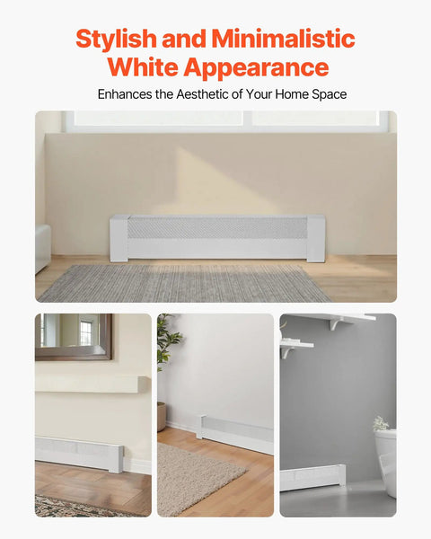 Heavy Duty Baseboard Heater Cover 3 Ft for Easy Bedroom Replacement, white steel front panel installed in modern room settings.