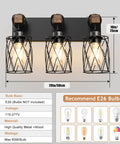 Farmhouse Wood And Black Metal Vanity Light With 3 Lights Over Mirror For A Dope Industrial Cage Shade Look Rustic Restroom Glow And Bathroom Decor E26 Base