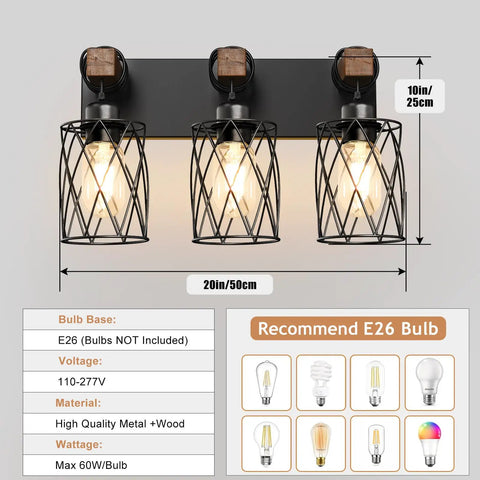 Farmhouse Wood And Black Metal Vanity Light With 3 Lights Over Mirror For A Dope Industrial Cage Shade Look Rustic Restroom Glow And Bathroom Decor E26 Base