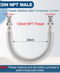 Heavy Duty Industrial Air Compressor Jumper Hose One Half Inch NPT Male, Twenty Inch Length, 450 PSI, 750 Fahrenheit Max, Stainless Steel Braided With Freely Rotating Fittings For Flexible Shop Air Line displayed with dimensions
