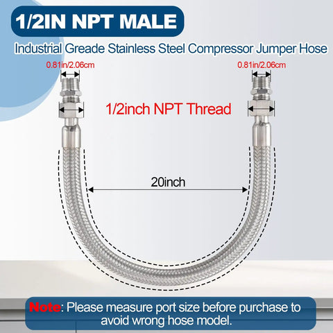 Heavy Duty Industrial Air Compressor Jumper Hose One Half Inch NPT Male, Twenty Inch Length, 450 PSI, 750 Fahrenheit Max, Stainless Steel Braided With Freely Rotating Fittings For Flexible Shop Air Line displayed with dimensions