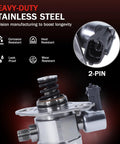 Close-up of high-pressure fuel pump for 3.6L V6 GM vehicles, showing stainless steel construction and 2-pin connector.
