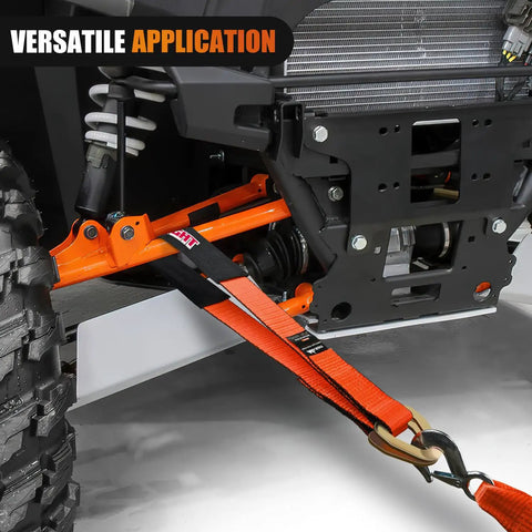 Beefy 4 Pack Axle Tie Down Straps 2 Inch by 38 Inch With Protective Sleeve and D Ring, Road Ready Heavy Duty Kit For Trailers, Trucks, UTVs, And Car Hoists, 11127 Lbs Break Strength, 3709 Lbs Working Load orange strap secured to UTV axle