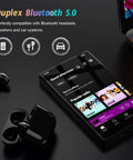 Android 13 MP3 Player With Bluetooth And WiFi, 5 Inch HD Display, 1080P MP4 Player next to black wireless earbuds and a laptop