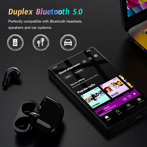 Android 13 MP3 Player With Bluetooth And WiFi, 5 Inch HD Display, 1080P MP4 Player next to black wireless earbuds and a laptop