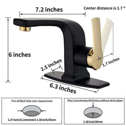 Modern Matte Black Bathroom Faucet With Single Lever Handle For 1 Hole Sink On 6 Inch Deck, measurement details shown