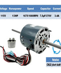 RV Air Conditioner Fan Motor 1/3HP 115V Dual Speed With Capacitor Included, showing motor, capacitor, and wiring details