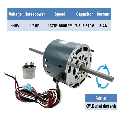 RV Air Conditioner Fan Motor 1/3HP 115V Dual Speed With Capacitor Included, showing motor, capacitor, and wiring details
