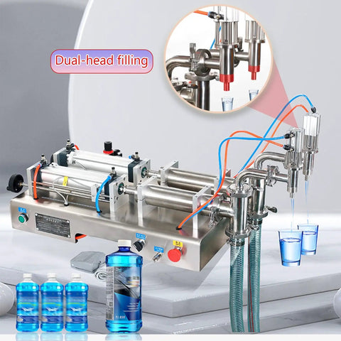 Boss Grade Heavy Duty Double Head Pneumatic Bottle Filler With Slick Auto Manual Toggle filling blue liquid into glasses.