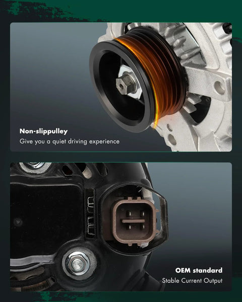 Close-up of Heavy Duty 250 Amp 12V Clockwise Alternator For Toyota Tundra 4.7L with 6 groove pulley and connector ports.