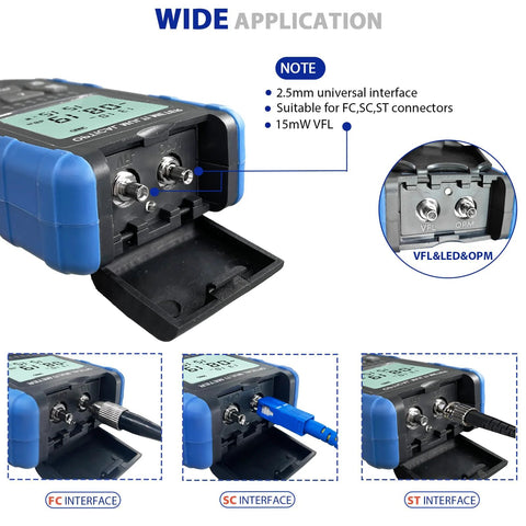 Front view: 5-in-1 fiber optic tester with FC/SC/ST universal interfaces; blue handheld unit with LCD display
