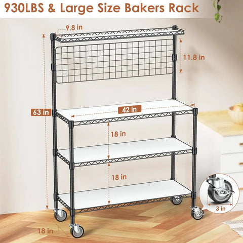 Workhorse Kitchen Bakers Rack With Wheels And Storage, 4 Tier Microwave Stand And Utility Cart, NSF Certified Commercial Metal Shelving, 42 By 18 By 63 Inch, Black, Includes 20 S Hooks.