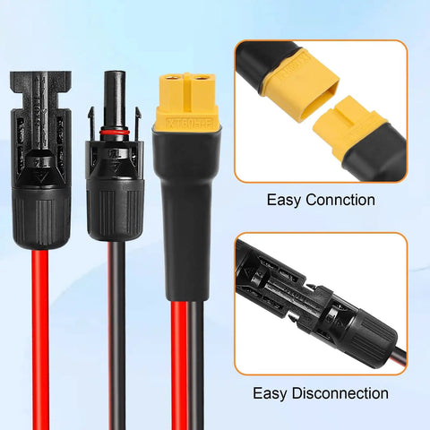 Heavy Duty 10AWG XT60 Solar Extension Cable with male to female connectors, easy connection and disconnection.