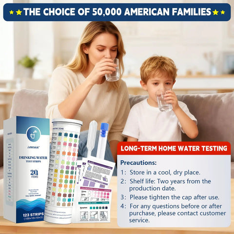 Woman and child using All In One Water Test Kit For Home Use With 20 Tests And 123 Strips, DIY Friendly Water Quality Checker