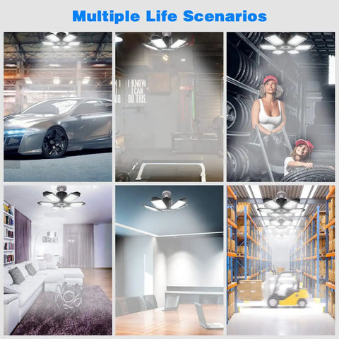 Beast Mode Bright 160W LED Garage Ceiling Light With 16000 Lumens in various settings like garages, gyms, and warehouses