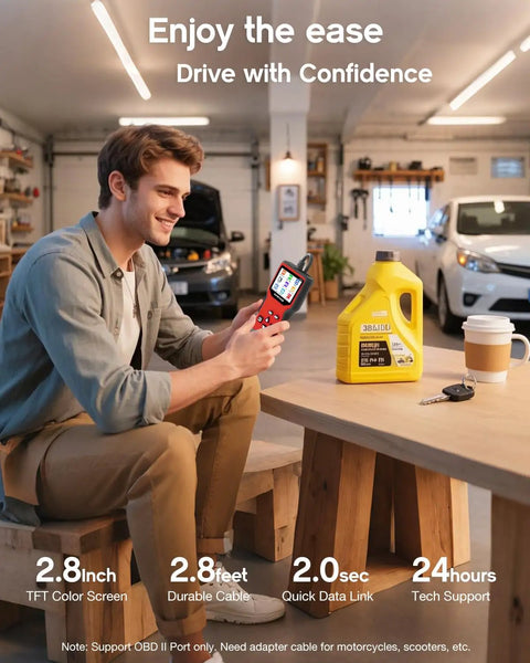 Man using Pro OBD2 Scanner Code Reader With Battery Tester in a garage for diagnostics next to car maintenance supplies.