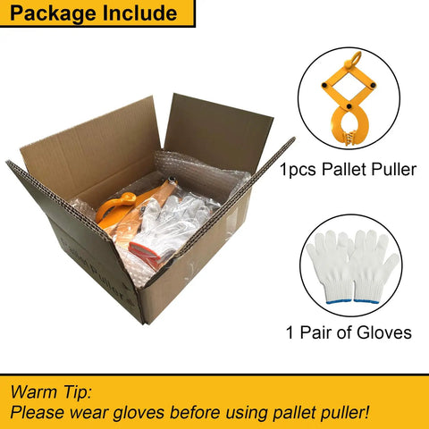 Beefy Heavy Duty Pallet Puller Clamp With 5.5 Inch Jaw Opening Steel Single Scissor Puller For Pallets Wood And Trees Faster Offloading And Wider Reach Durable Industrial Pallet Grabber Tool, with gloves and package shown