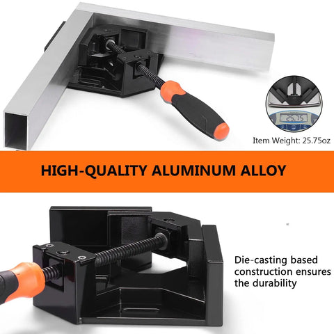 Two Piece Corner Clamp Set for Woodworking with Aluminum Alloy Frame and Right Angle 90 Degree Jaws on white background
