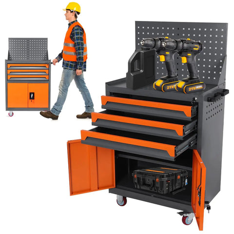 Tool Chest On Wheels Built For Garage And Workshop Beefy Heavy Duty Metal Box Cabinet With Drawers Liners And Locking System Rust Resistant Thickened Cold Rolled Steel Protective Liners Guard Your Gear, orange steel chest with open drawers