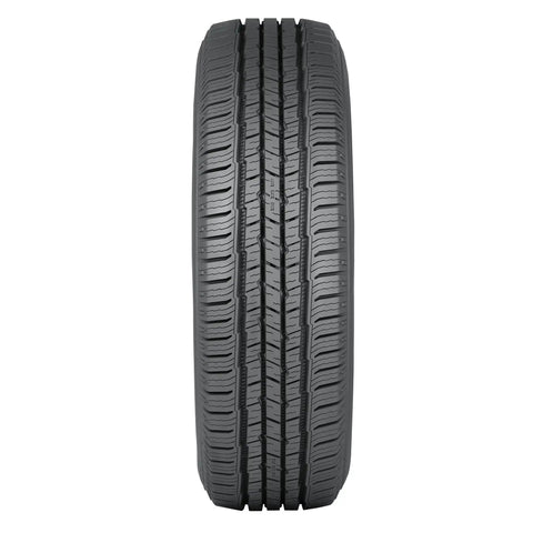 Road Ready LT245/75R16 Highway Terrain Tire Loaded For Heavy Duty Light Trucks With All Season Grip Featuring Ten Ply Rated Radials viewed from the side.
