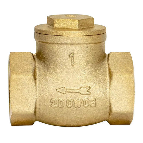 Front view of Brass Swing Check Valve 1 Inch IPS Backflow Preventer for Home Plumbing Systems Durable Water Line Fitting Keeps Contaminants Out