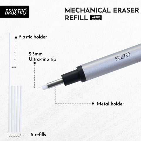 Pro Grade Mechanical Retractable Eraser With 2.3mm Ultra Fine Tip, 5 Refills And Plastic Holder, Clean, Precise Erasing