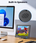 8-Inch Security Camera Monitor With HDMI VGA BNC AV USB Inputs with built-in speakers, displaying soccer match next to PC monitor.