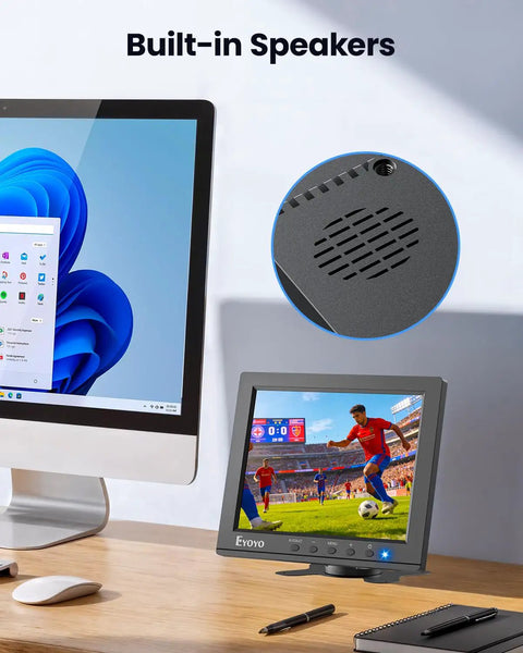8-Inch Security Camera Monitor With HDMI VGA BNC AV USB Inputs with built-in speakers, displaying soccer match next to PC monitor.