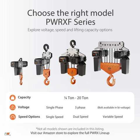 No Nonsense Heavy Duty Electric Chain Hoist Featuring Super Smooth Variable Speed Control For Effortless Overhead Lifting Up To One Half Ton 1000 Lbs image showcasing PWRXF Series models with various capacities.
