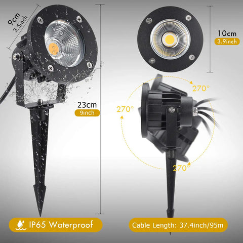 Heavy Duty 18W LED Landscape Light Set, 120V AC Warm White Waterproof Spotlight showing waterproof feature and aluminum ground stake.