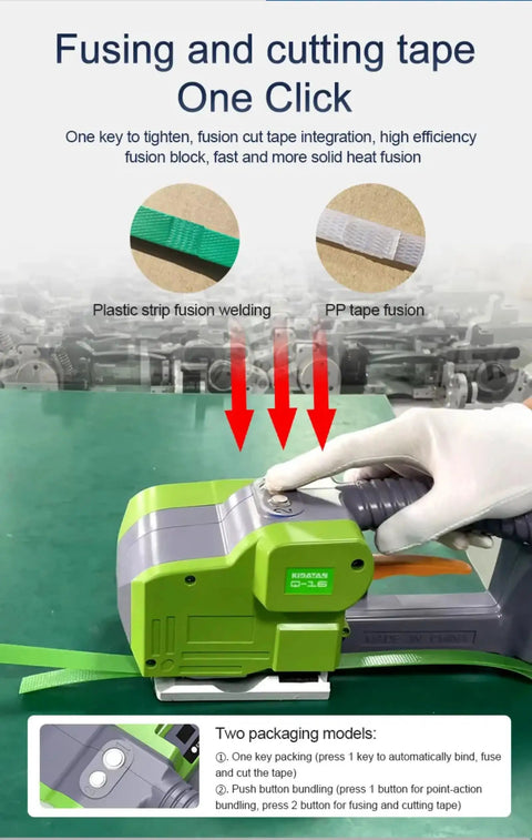 Rock Solid Electric Strapping Machine With LCD Display Rechargeable Battery For Pet And Pp Tape Portable Automatic Pallet Packaging Tool, showing fusion cutting feature.