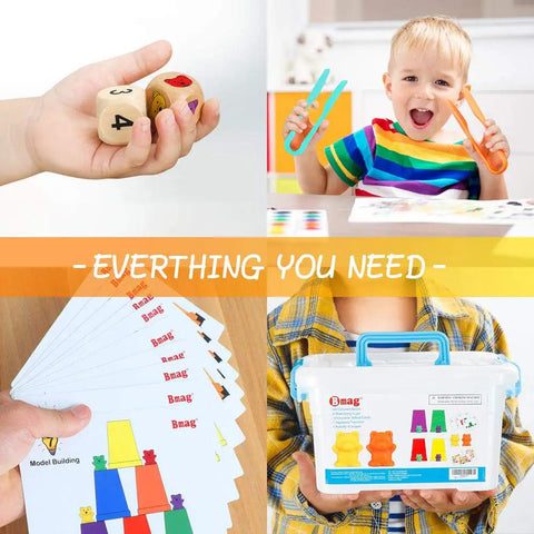 Super Cool Rainbow Counting Bears Set Sixty Bright Plastic Bears And Matching Sorting Cups Awesome Preschool Math Learning Game For Toddlers Includes Tweezers Dice And Storage Bin. Child holding dice with counting bears and colorful tweezers.