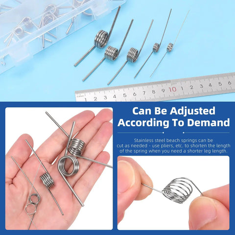 V Shaped Return Springs Set, 45 Piece Kit With 15 Sizes, shown with various torsion springs and a ruler for size reference.