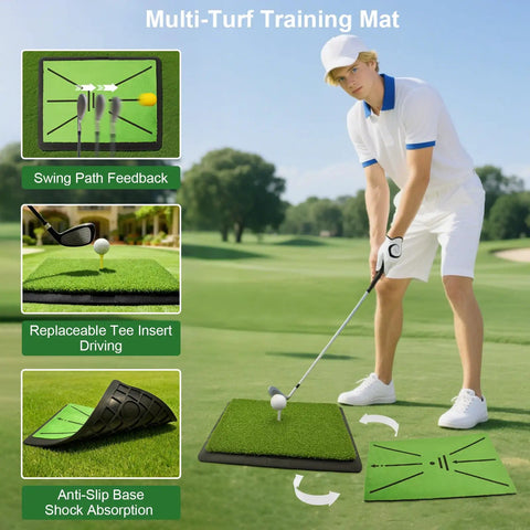 Golfer using Ultimate Golf Practice Mat Set With Replaceable Mats And Tees, two mat system for indoor outdoor use