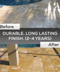 Before and after of 1 Gal Stone Plus Gloss Clear Acrylic Sealer for indoor and outdoor use on travertine showing durable finish