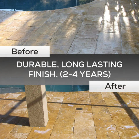 Before and after of 1 Gal Stone Plus Gloss Clear Acrylic Sealer for indoor and outdoor use on travertine showing durable finish