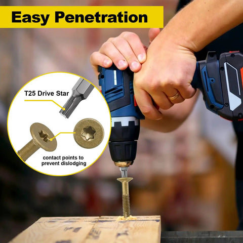 Heavy Duty Hex Washer Deck Screws For Wood To Metal Fastening With Replacement Star Bits Corrosion Resistant Zinc Coating in use with a drill.