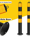 Rock Hard Steel Bollards 37 Inch With Glowing Reflective Tape set of two, featuring bright yellow bands and 3-hole base for secure installation.