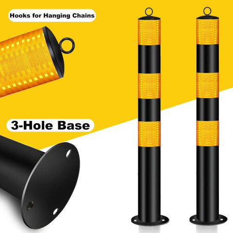 Rock Hard Steel Bollards 37 Inch With Glowing Reflective Tape set of two, featuring bright yellow bands and 3-hole base for secure installation.