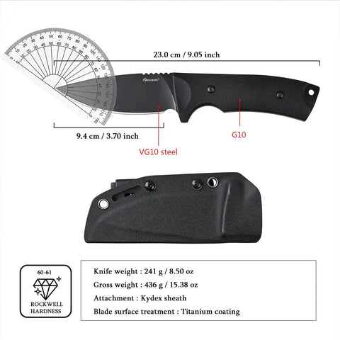 VG10 Steel Fixed Blade Tactical Knife With Ergonomic Micarta Handle And Kydex Sheath shown with measurements and specs