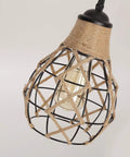 Rustic Industrial Woven Pendant Light With Hemp Rope Cage, One Light Adjustable Fixture, black finish and hemp detail focus