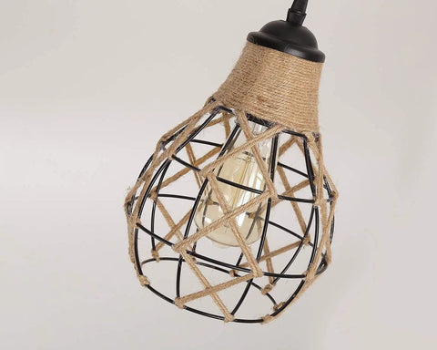 Rustic Industrial Woven Pendant Light With Hemp Rope Cage, One Light Adjustable Fixture, black finish and hemp detail focus