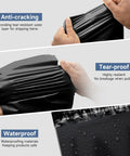 Close-up of black 100 Pcs 12 By 15.5 Inch Poly Mailer Envelopes Waterproof Self Adhesive Bags being stretched and water-resistant