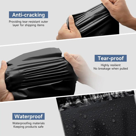 Close-up of black 100 Pcs 12 By 15.5 Inch Poly Mailer Envelopes Waterproof Self Adhesive Bags being stretched and water-resistant