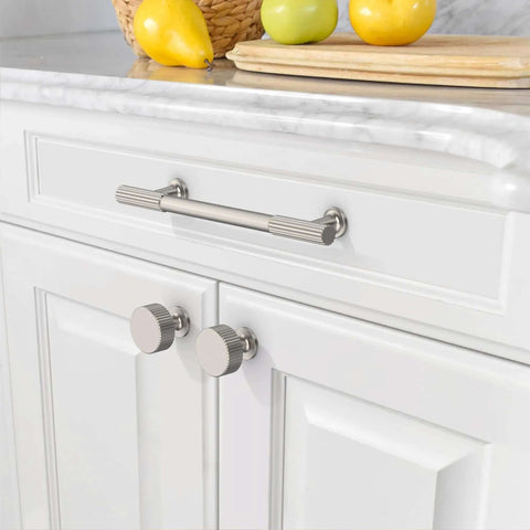 White cabinet with 20 Pack Brushed Satin Nickel Cabinet Knobs And Pulls, 1 Inch Single-Hole Drawer Handles For Bathroom Cabinets, ZH0071.